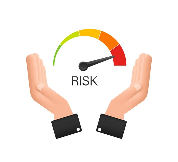 Risicopictogram op snelheidsmeter in handen. Hoge risico meter. Voorraadillustratie van vectoren. — Stockvector