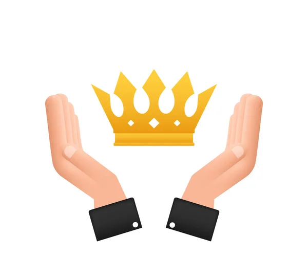 Crown of king hanging over hands isolated on white background. Gold royal icon. Vector stock illustration. — Stock Vector