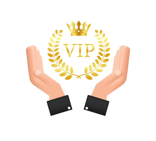 Golden symbol of exclusivity, the label VIP with glitter in hands. Very important person - VIP icon on dark background Sign of exclusivity with bright. — Stock Vector