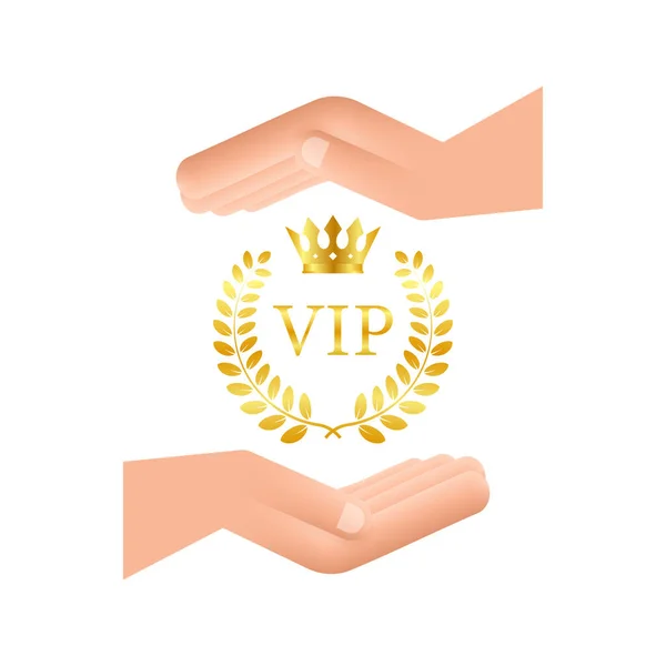 Az exkluzivitás arany szimbóluma, a VIP címke csillámporral a kezében. Nagyon fontos személy - VIP ikon sötét háttérrel Az exkluzivitás jele fényes. — Stock Vector