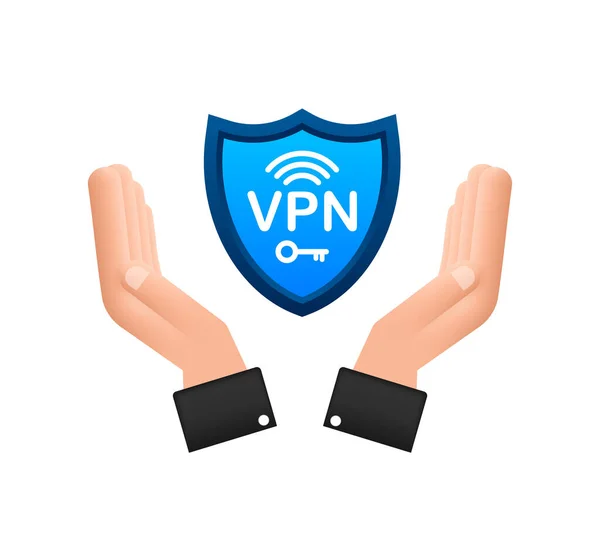 VPN 연결 개념을 수작업으로 설정 한다. 그 들은 vpn 사인을 들고 있습니다. 가상의 개인 네트워크 연결 개요. 벡터 주식 삽화. — 스톡 벡터