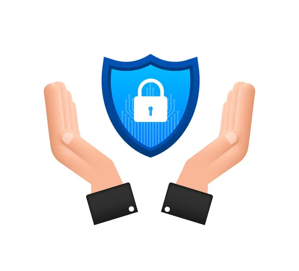 Cybersäkerhet vektor logotyp med sköld och kontrollmärke. Händerna håller cyber säker skylt. Internetsäkerhet. Vektorillustration. — Stock vektor