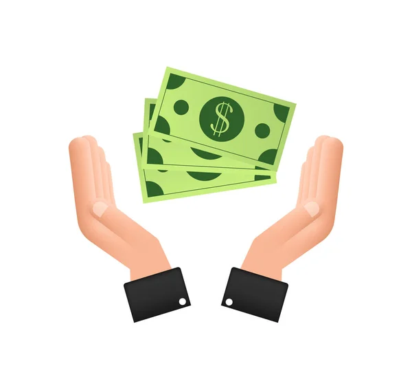 Flat money hand voor concept design. Hand met groene bankbiljetten. Vlakke constructie. — Stockvector