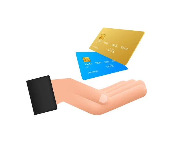 Синя проста кредитна картка з шаблоном рук на білому тлі. Векторна ілюстрація . — стоковий вектор