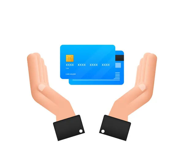 Tarjeta de crédito azul simple con plantilla de manos sobre fondo blanco. Ilustración vectorial. — Vector de stock
