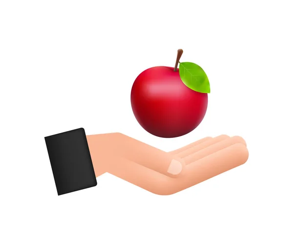 Ilustración de stock vectorial de manzana roja brillante grande detallada colgando sobre la mano. — Vector de stock