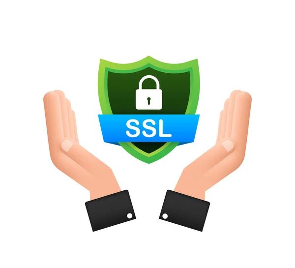 Secure connection icon vector illustration isolated on white background, flat style secured ssl shield symbols on hands. — Stock Vector