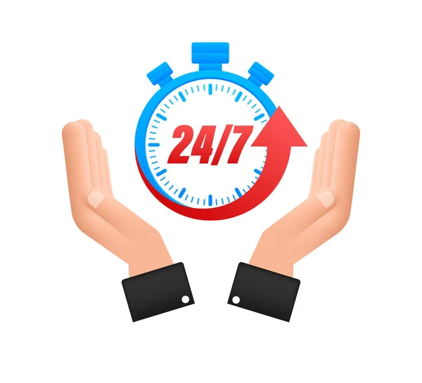 24-7 service concept with hands. 24-7 open. Support service icon. Vector stock illustration. — Stock Vector