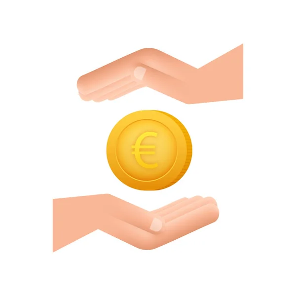 Moneta Euro con mano, grande design per qualsiasi scopo. Illustrazione vettoriale in stile piatto. Icona della valuta. — Vettoriale Stock