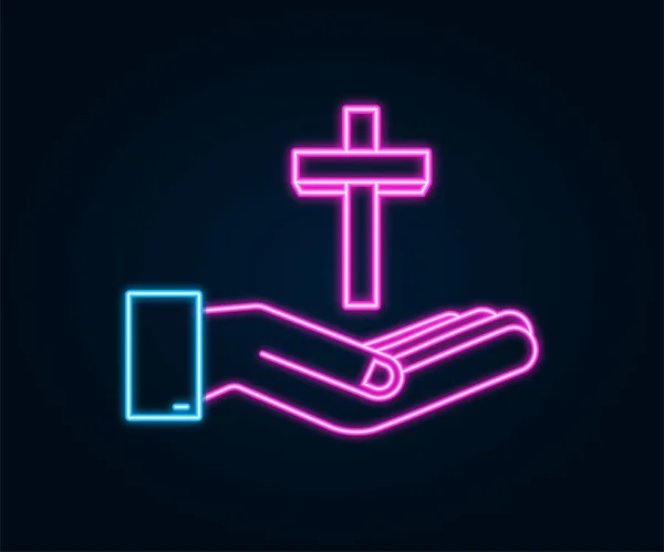Kreuz-Holz-Neon-Ikone im Hände-Design auf weißem Hintergrund. Religionsikone. — Stockvektor