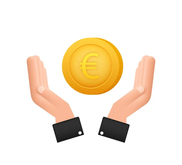 Euro coin with hand, great design for any purposes. Flat style vector illustration. Currency icon. — Stock Vector