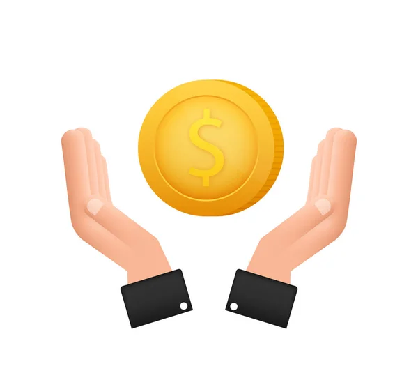 3D-Symbol mit goldener Hand mit Dollarmünze für Konzeptdesign. Einfacher Vektor. Finanzielle Ikone gesetzt. Geschäftskonzept. — Stockvektor