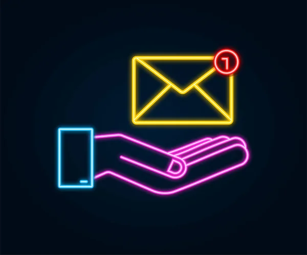 Koncept neonové emailové upozornění rukou. Nový email. Vektorová ilustrace. — Stockový vektor