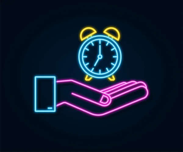 Reloj despertador, despertador en las manos sobre fondo blanco. Icono de neón. Ilustración de stock vectorial. — Vector de stock