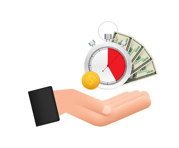 Χρονοδιακόπτης και χρήματα στα χέρια. Ρολόι και τσάντα, ο χρόνος είναι χρήμα, γρήγορο δάνειο, περίοδος πληρωμής, λογαριασμός ταμιευτηρίου. Εικονογράφηση διανύσματος. — Διανυσματικό Αρχείο