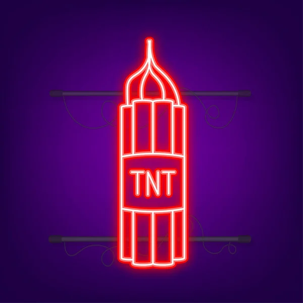 Vörös dinamitcsomag elektromos időzített bombával, TNT. Neon ikon. Vektorillusztráció — Stock Vector