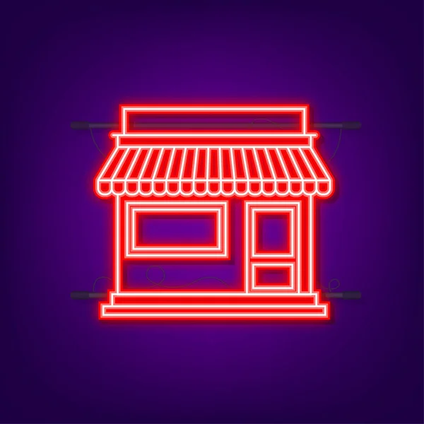 Tienda o tienda frente al mercado fachada exterior. Icono de neón. Ilustración vectorial — Vector de stock
