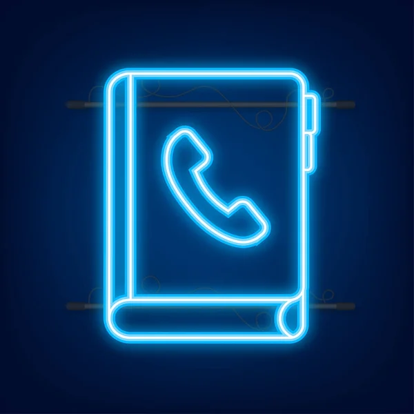 Flaches Symbol mit blauem Neon-Kontaktbuch auf dunklem Hintergrund für Papierdesign. Telefonsymbol. Vektorillustration — Stockvektor