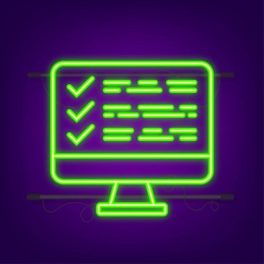 Çevrimiçi araştırma, kontrol listesi, anket ikonu. Geribildirim işi. Neon simgesi. Vektör illüstrasyonu