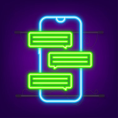 Mesajlaşma konsepti. Sohbet eden insanlarla el ele tutuşmak. Telefon ekranında mesaj baloncukları var. Neon simgesi. Vektör illüstrasyonu