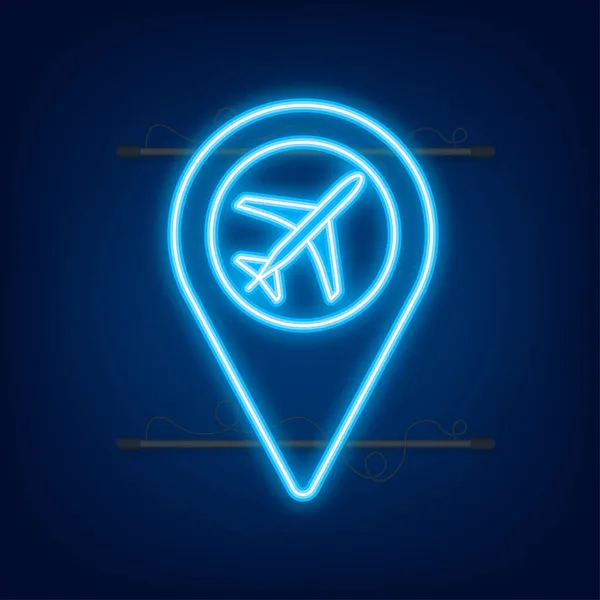 Flughafenstift für Konzeptgestaltung. Pin-Point-Symbol. Kartensymbol. Standort, Zeiger-Symbol-Design. Neon-Symbol — Stockvektor