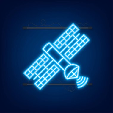 Uydu. Dünya 'nın yörüngesinde dönen yapay uydular. Neon simgesi. Vektör illüstrasyonu