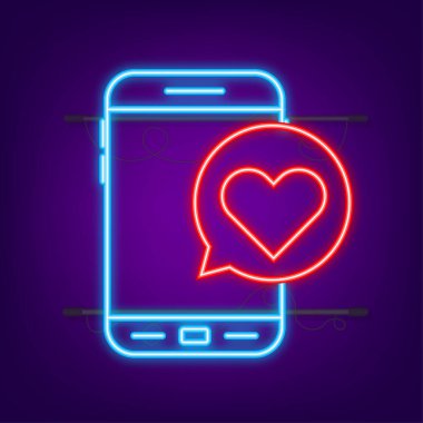 Akıllı telefon el sevgisi. Sosyal ağ konsepti. El ele tutuşan cep telefonu. Neon ikonu gibi. Mobil internet, sosyal medya. Vektör stok illüstrasyonu