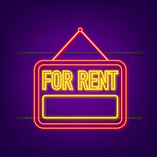 For rent red neon sign on blue background. House, property, rent. Vector stock illustration — Stock Vector