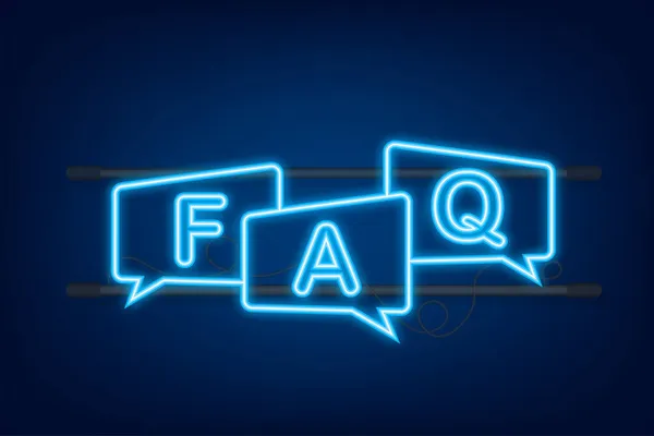 Domande frequenti FAQ banner. Icona al neon. Computer con le icone delle domande. Illustrazione vettoriale — Vettoriale Stock