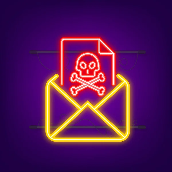 E-mail virus. Icona al neon. Schermo del computer. virus, pirateria, hacking e sicurezza, protezione. Illustrazione dello stock vettoriale — Vettoriale Stock