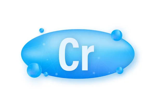 Mineral Cr Cromo azul brillante píldora icono de la cápsula. Sustancia para la belleza. Complejo Mineral de Cromo. — Vector de stock