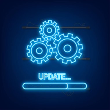 Sistem yazılım güncellemesi ya da neon simgesini yükselt. Yeni güncelleme, Rozet, imzala. Vektör illüstrasyonu