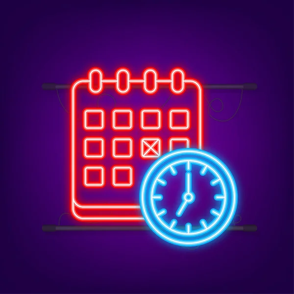 Icono de calendario y línea de reloj. Programar conceptos. Icono de neón. Elementos gráficos de diseño plano moderno. Ilustración vectorial — Vector de stock