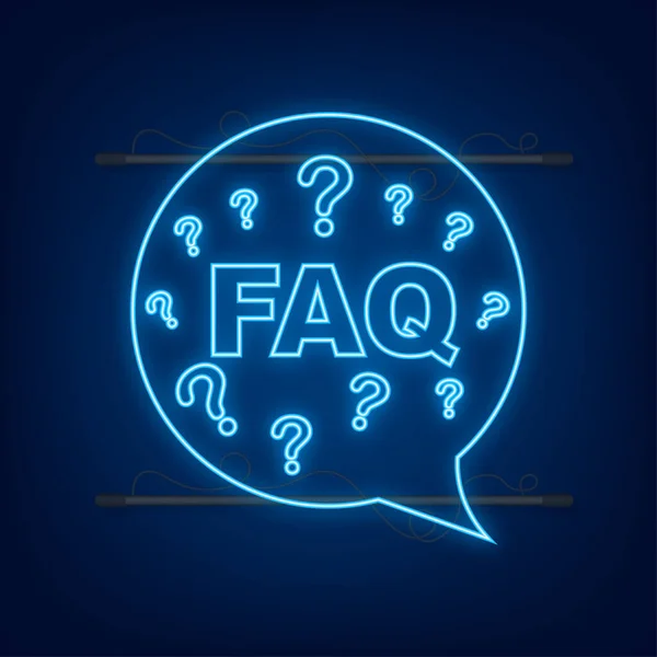 Domande frequenti FAQ banner. Icona al neon. Computer con le icone delle domande. Illustrazione vettoriale — Vettoriale Stock