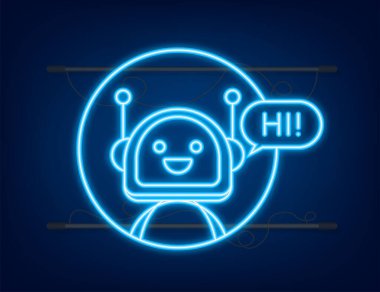 Robot neon ikonu. Robot tabela tasarımı. Chatbot sembolü konsepti. Ses destek robotu. Çevrimiçi destek robotu. Vektör illüstrasyonu
