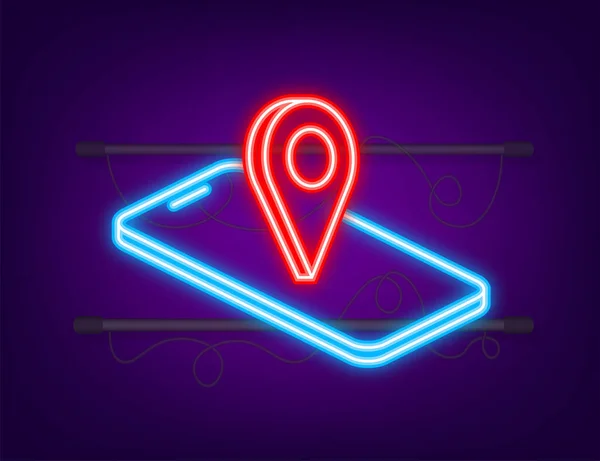 平坦的霓虹灯图标。Pin智能手机。矢量示意图。地方符号。送货服务。旅行概念 — 图库矢量图片