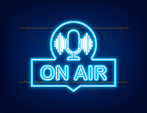 Podcast icon like on air live. Podcast. Badge, icon, stamp, logo. Radio broadcasting or streaming. Neon icon. Vector stock illustration — Stock Vector