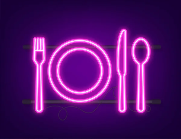 Ícone de faca de garfo de colher, símbolo de restaurante. Ícone de néon. Ilustração vetorial — Vetor de Stock