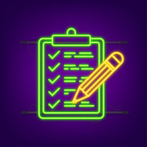 Portapapeles con icono de lista de verificación. Icono de neón. Portapapeles con icono de lista de verificación para web. Ilustración vectorial — Archivo Imágenes Vectoriales