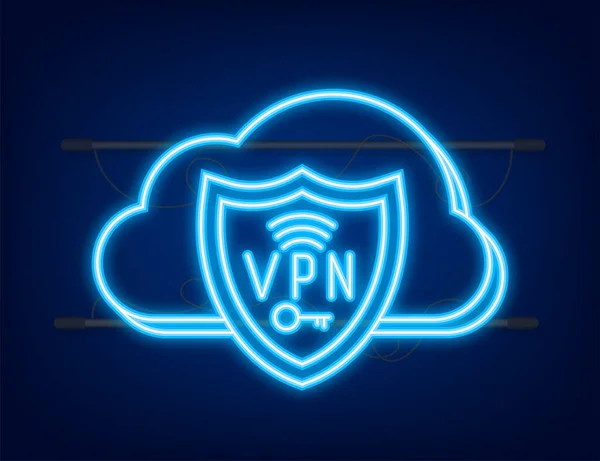 Conceito de conexão VPN segura. Visão geral da conectividade de rede privada virtual. Estilo néon. Ilustração do estoque vetorial — Vetor de Stock