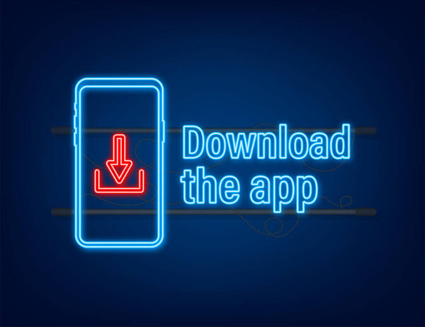 Загрузить страницу мобильного приложения. Пустой экран смартфона для вашего приложения. Скачать неоновый значок приложения.