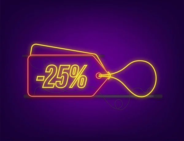 25 per cento OFF Vendita Sconto neon tag. Sconto offerta prezzo tag. 25% sconto promozione icona piatta con lunga ombra. Illustrazione vettoriale — Vettoriale Stock