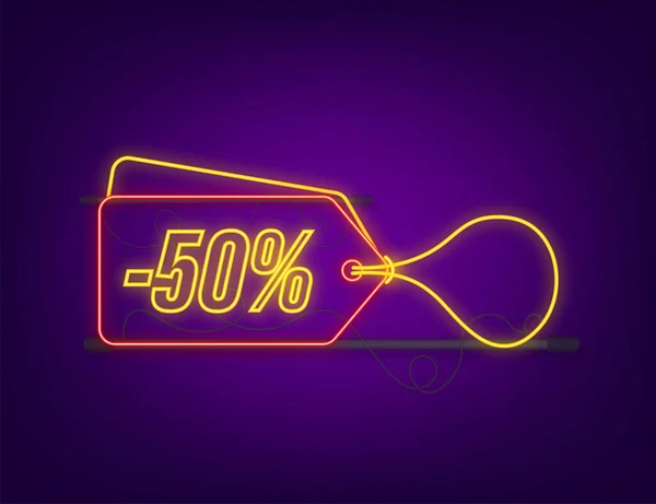 50 procent sleva z prodeje neon tag. Slevová nabídka cenovka. 50 procent sleva propagace ploché ikony s dlouhým stínem. Vektorová ilustrace — Stockový vektor