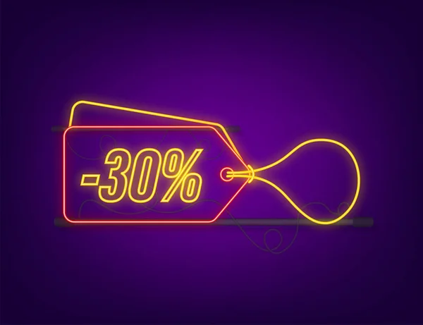 30 per cento OFF Vendita Sconto neon tag. Sconto offerta prezzo tag. 30% sconto promozione icona piatta con lunga ombra. Illustrazione vettoriale — Vettoriale Stock