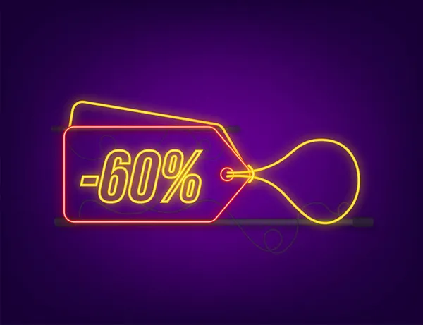 60 procent sleva z prodeje neon tag. Slevová nabídka cenovka. 60 procent sleva propagace ploché ikony s dlouhým stínem. Vektorová ilustrace — Stockový vektor