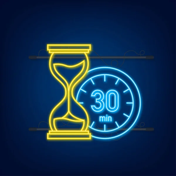 Los 30 minutos, icono de neón vector cronómetro. Icono de cronómetro en estilo plano, temporizador encendido sobre fondo de color. Ilustración vectorial. — Vector de stock