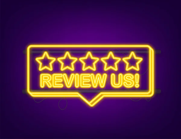 Review ons user rating concept. Bekijk en beoordeel ons sterren neon icoon. Bedrijfsconcept. Vectorillustratie — Stockvector