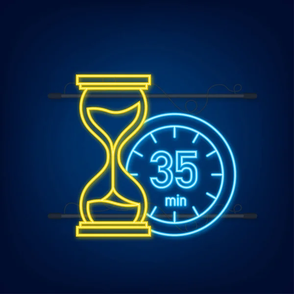 Los 35 minutos, icono de neón vector cronómetro. Icono de cronómetro en estilo plano, temporizador encendido sobre fondo de color. Ilustración vectorial. — Vector de stock