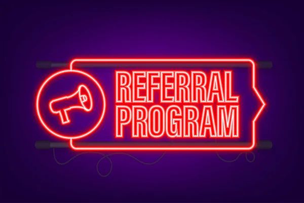 Megafoon met Referral programma. Neon icoon. Vectorillustratie — Stockvector