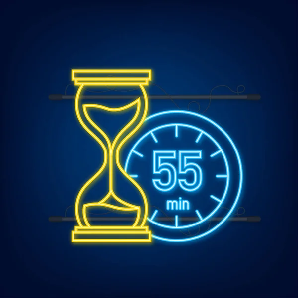 Los 55 minutos, icono de neón vector cronómetro. Icono de cronómetro en estilo plano, temporizador encendido sobre fondo de color. Ilustración vectorial. — Vector de stock